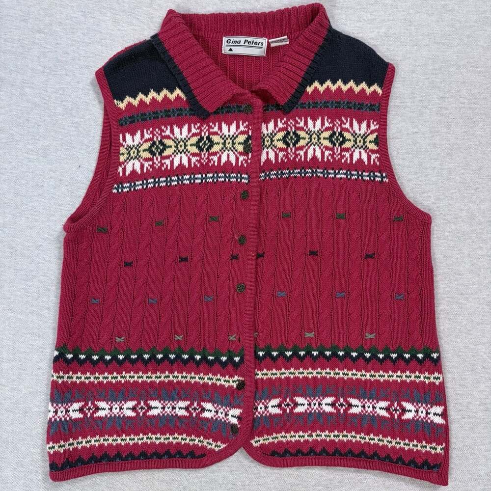 Gina Peters Vintage 90s Fair Isle Cable Knit Button Up Sweater Vest XL Red